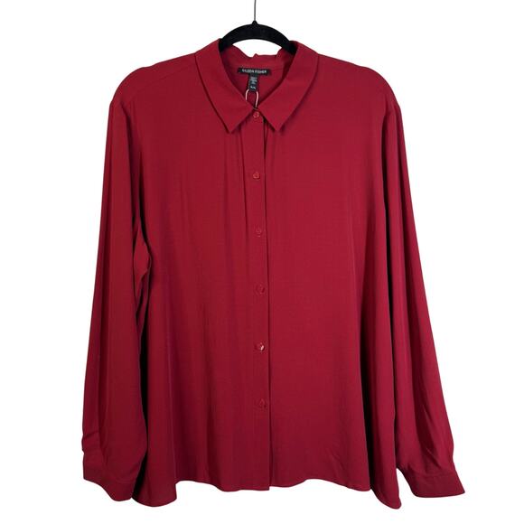 EILEEN FISHER Blouse XL Georgette Crepe Classic Collard Button Down Silk Career - Picture 2 of 12